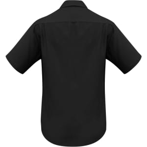 A black short sleeve button-up shirt featuring a plain back design and a collar. It has a logo/branding.