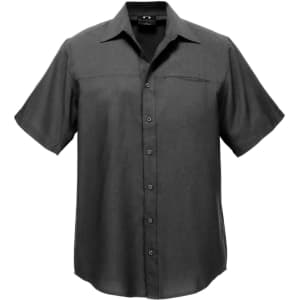 A short-sleeve button-up shirt in dark grey, featuring a front pocket and a branded logo.