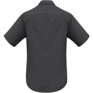 A short sleeve button-up shirt in a solid dark grey colour, featuring a back view and a logo.