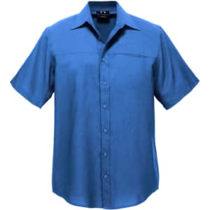 A short-sleeve button-up shirt in a vibrant blue colour, featuring a front pocket and brand logo.