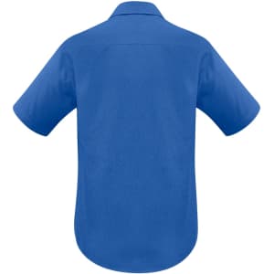 A blue short sleeve button-up shirt featuring a back yoke and has a logo.