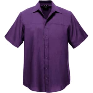 A purple short sleeve button-up shirt with a collar and a logo.