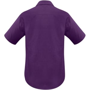 A short sleeve button-up shirt in a solid purple colour featuring a back yoke and collar. Includes a logo.