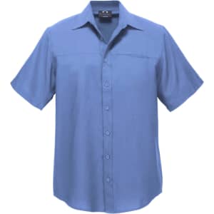 A short-sleeve button-up shirt in blue with a pocket and a logo feature.