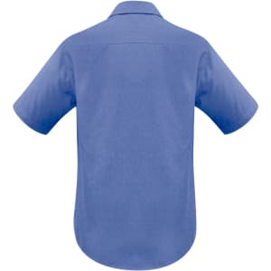 A blue short sleeve button-up shirt with a collar and a branded logo on the back.