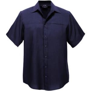 A dark navy short sleeve button-up shirt with a logo, featuring a classic collar and front pocket.