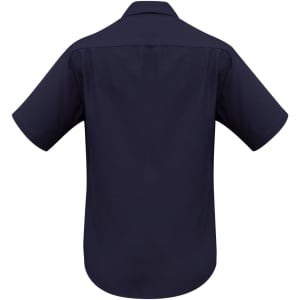 A navy short sleeve button-up shirt with a plain design and a logo on the back.