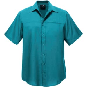 A short sleeve button-up shirt in a vibrant teal colour, featuring a chest pocket and a logo.
