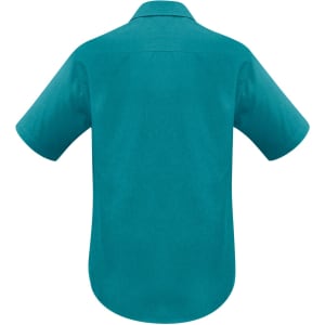 A short sleeve button-up shirt in a vibrant teal colour, featuring a logo on the back.