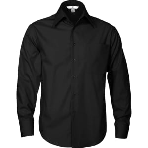 A black long sleeve button-up shirt with a single chest pocket and a collar. It features a logo on the label.