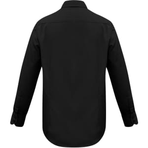 A black long sleeve button-up shirt with a collar and back yoke design. Features a logo on the label.