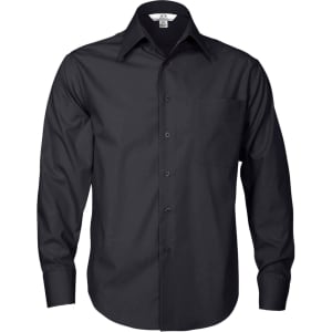 A black long sleeve button-up shirt with a single pocket and a collar. It features a logo on the label.