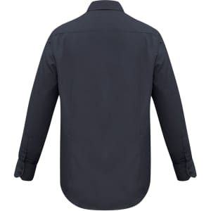 A dark navy long sleeve button-up shirt with a standard collar and logo on the back.
