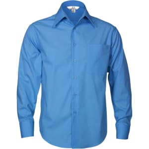 A men's long sleeve button-up shirt in light blue, featuring a single chest pocket and a collar.