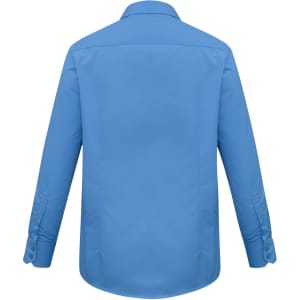 A blue long sleeve button-up shirt featuring a classic collar and button cuffs, with a plain back design.