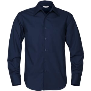 A navy blue long sleeve button-up shirt with a collar and a pocket, featuring a logo on the chest.