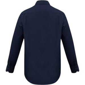 A navy long sleeve button-up shirt featuring a collar and a logo. The shirt has a classic fit design.