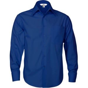 A blue men's long sleeve button-up shirt featuring a chest pocket and a logo on the label.