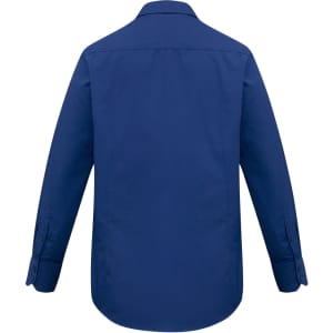 A back view of a navy blue long sleeve button-up shirt featuring a collar and button cuffs, with a logo.