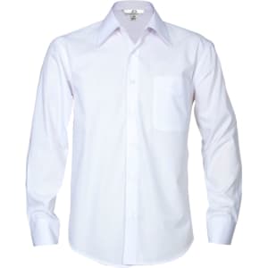 A white long sleeve button-up shirt with a single chest pocket and a logo on the collar.
