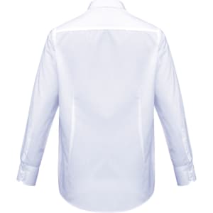 A white men's long sleeve button-up shirt featuring a back view with a logo.