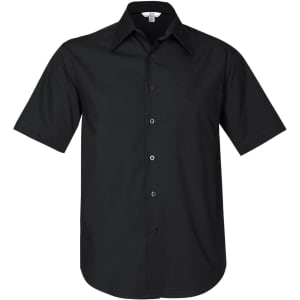 A black short sleeve button-up shirt featuring a pocket and a logo. Suitable for casual or smart-casual wear.