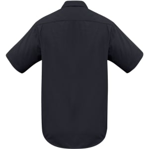 A black short sleeve button-up shirt with a simple design and standard collar, featuring a logo on the back.