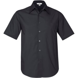 A black men's button-up short sleeve shirt with a collar and a single chest pocket.