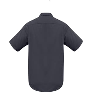 A dark grey men's short sleeve button-up shirt with a collar and a logo on the back.