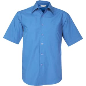 Short sleeve button-up shirt in a vibrant blue colour, featuring a single chest pocket and a logo.
