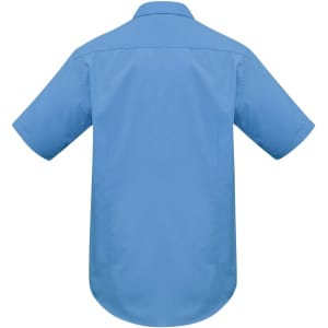 A blue short sleeve button-up shirt featuring a plain back and a collar. It includes a logo.