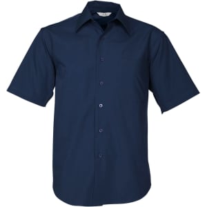A navy blue men's short sleeve button-up shirt with a chest pocket and a collar. Features a logo.