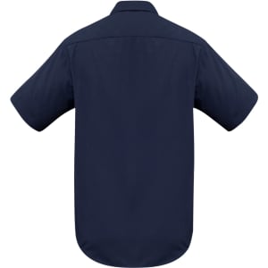 A navy short sleeve button-up shirt with a smooth back design and no visible logos.