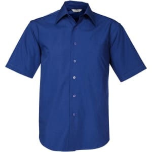 A short sleeve button-up shirt in a solid royal blue colour, featuring a chest pocket and a collar.