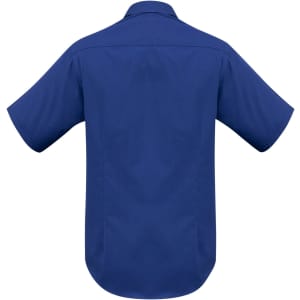 A blue short sleeve shirt with a classic button-up design and a logo on the back.