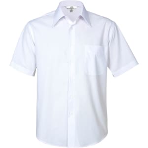 A white short sleeve button-up shirt featuring a single chest pocket and a collar, with a logo on the label.