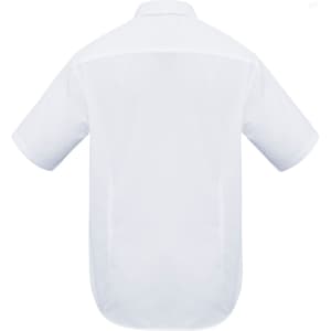 A white short sleeve button-up shirt featuring a back yoke and a logo.