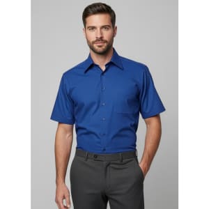 A blue short sleeve button-up shirt for men, featuring a collar and a logo on the chest pocket.