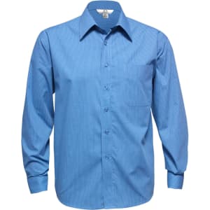 A blue micro check long sleeve button-up shirt featuring a chest pocket and a branded label.
