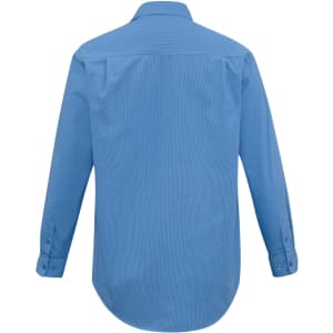 A blue long sleeve button-up shirt with a micro check pattern and a logo on the back.