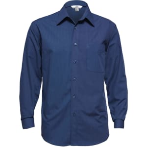 A men's micro check long sleeve button-up shirt in navy blue with a pocket and a branding logo.