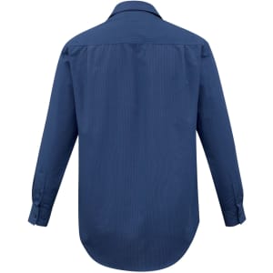 A navy blue men's long sleeve micro check button-up shirt with a standard collar and long sleeves.