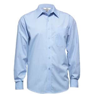 A light blue long sleeve button-up shirt with a pocket and a logo on the collar.