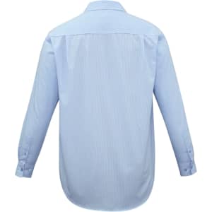 A light blue long sleeve button-up shirt with a micro check pattern and a logo on the back.