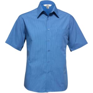 A blue short sleeve button-up shirt featuring a micro check pattern and a single chest pocket.
