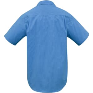 A blue short sleeve button-up shirt with a micro check pattern and a back view, featuring a collar and short sleeves.