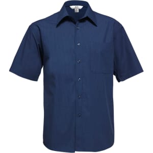 A navy short sleeve button-up shirt with a front pocket and a logo on the collar.