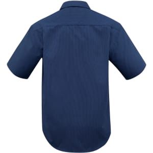 A navy blue short sleeve button-up shirt featuring a micro check pattern and a collar, with a branded logo.