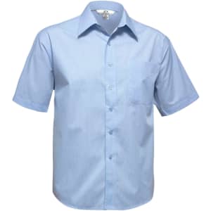 A light blue short sleeve button-up shirt with a chest pocket and a logo on the label.