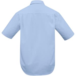 A light blue short sleeve button-up shirt with a back yoke and curved hem. Features a logo on the back.